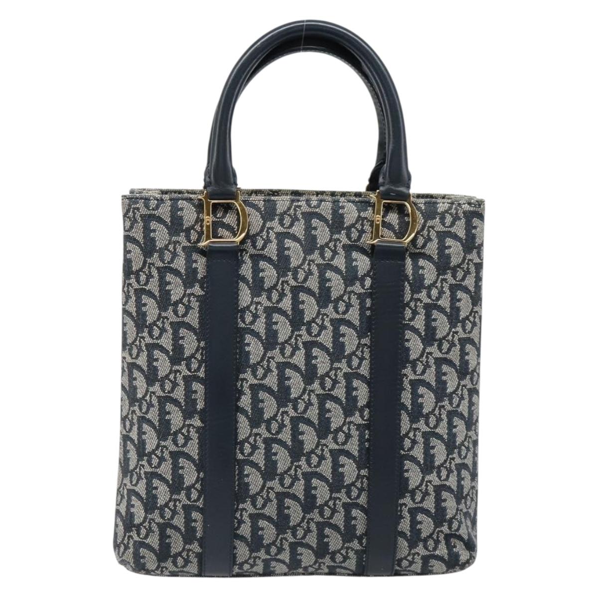 Christian Dior Trotter Canvas Hand Bag Navy Gold Auth ka4777
