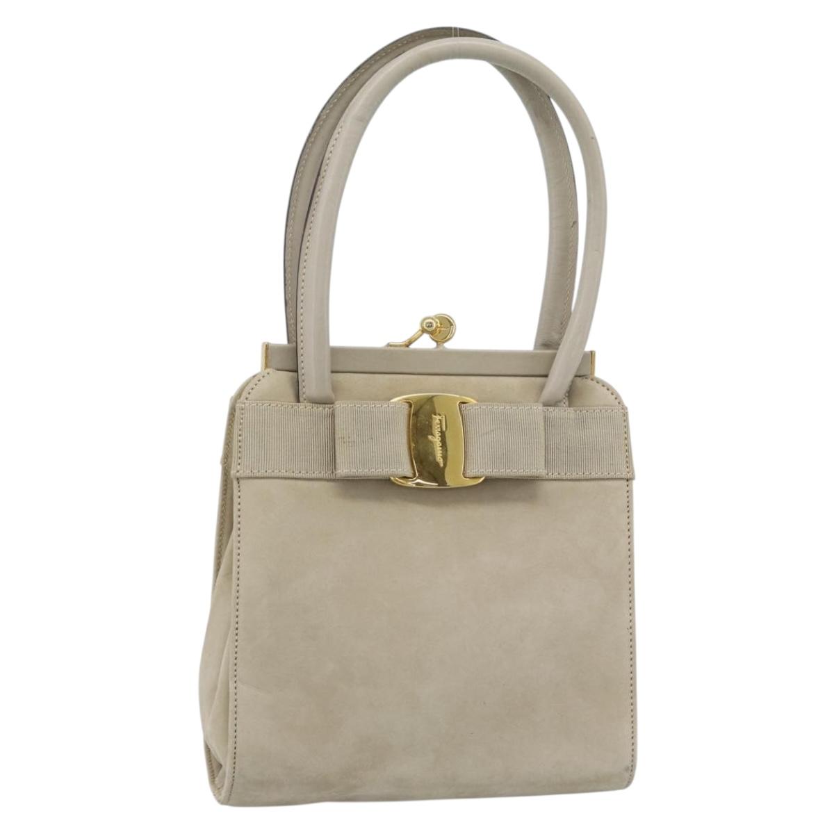 Salvatore Ferragamo Vala Hand Bag Suede Beige Gold Auth ka4791