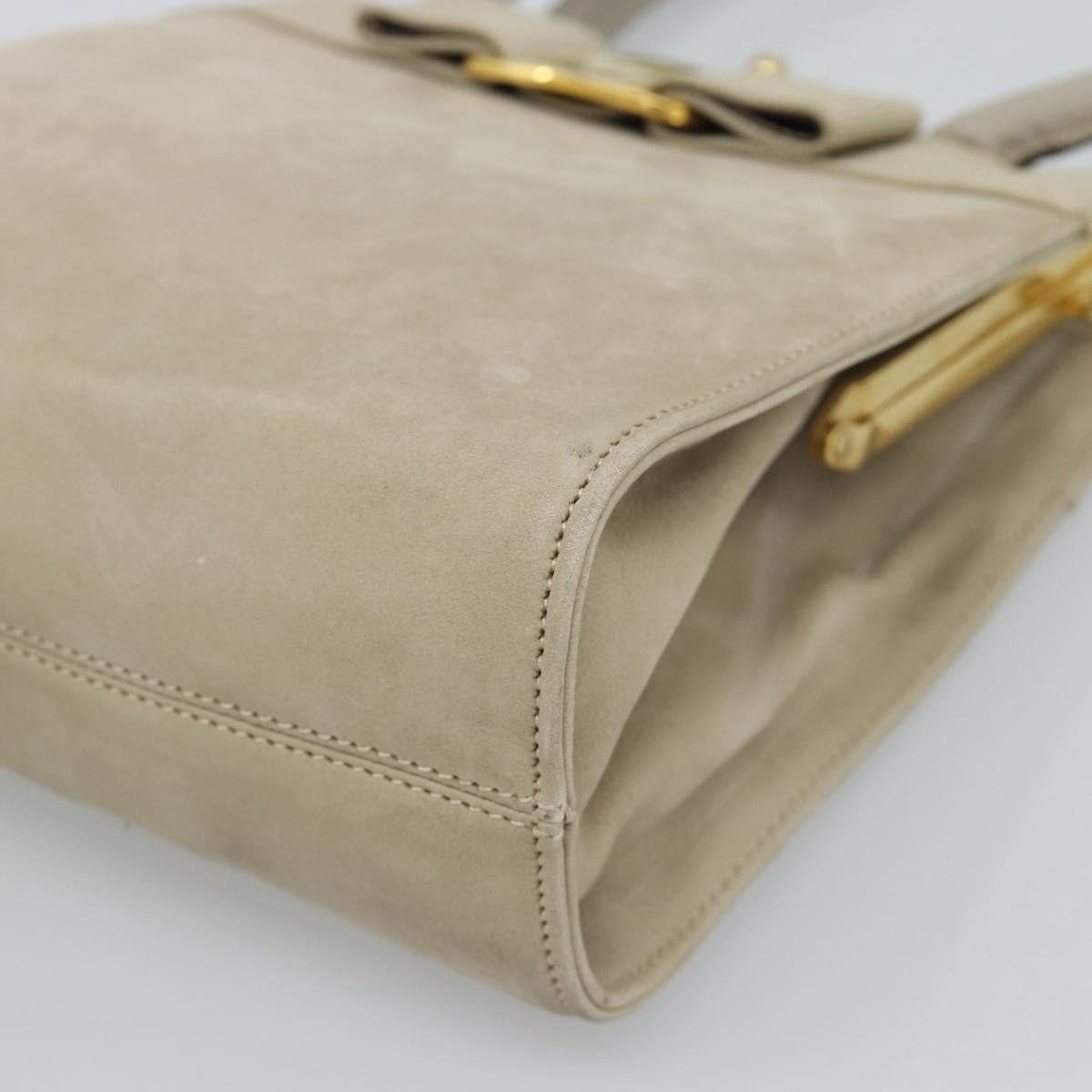 Salvatore Ferragamo Vala Hand Bag Suede Beige Gold Auth ka4791