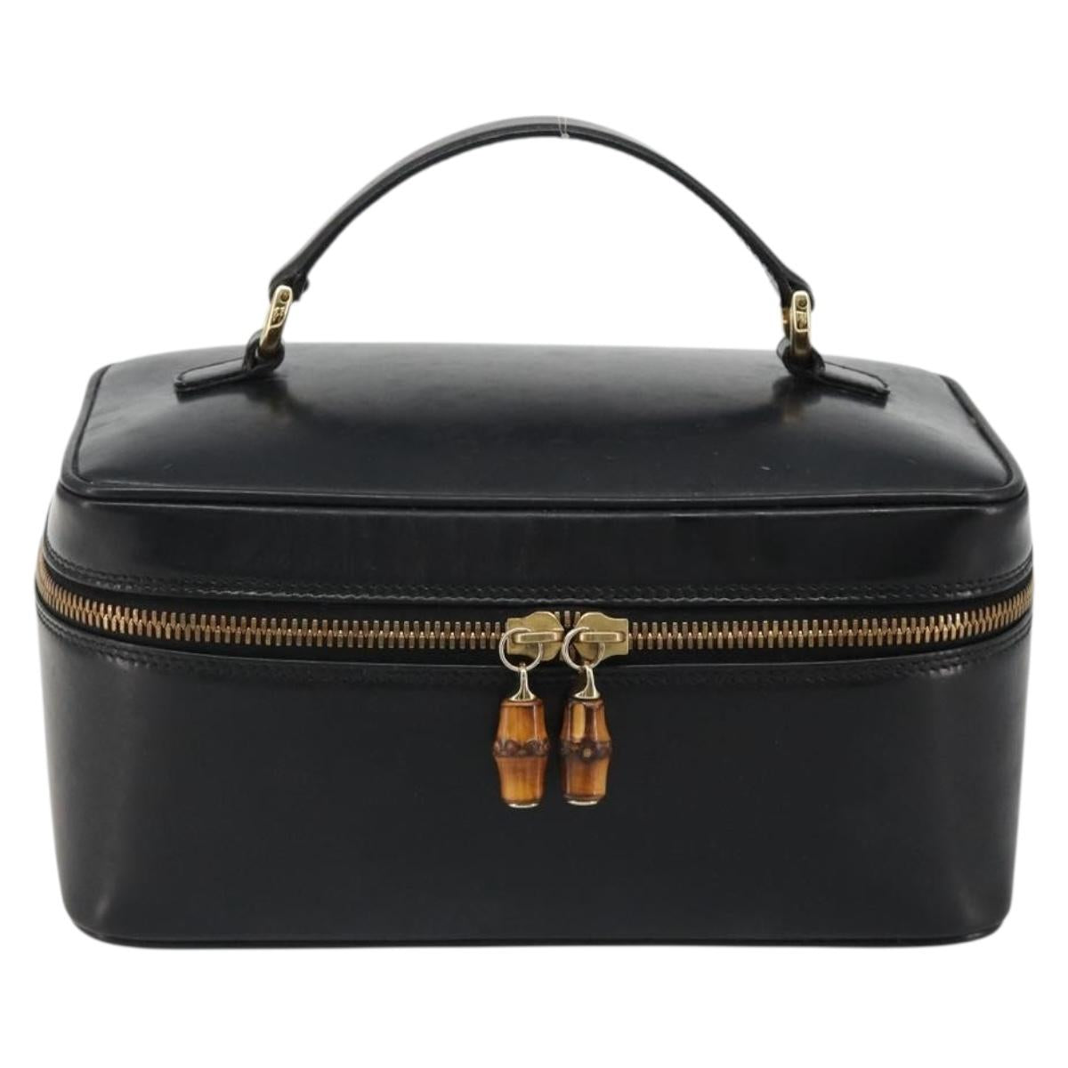 GUCCI Vanity Hand Bag Leather Black Gold 032 1956 0150 Auth ka4794