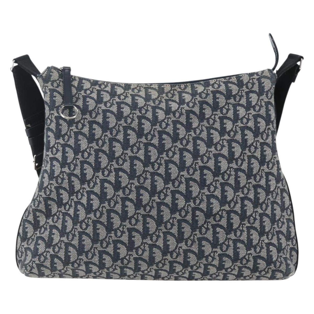 Christian Dior Trotter Canvas Shoulder Bag Navy Silver Auth ka480