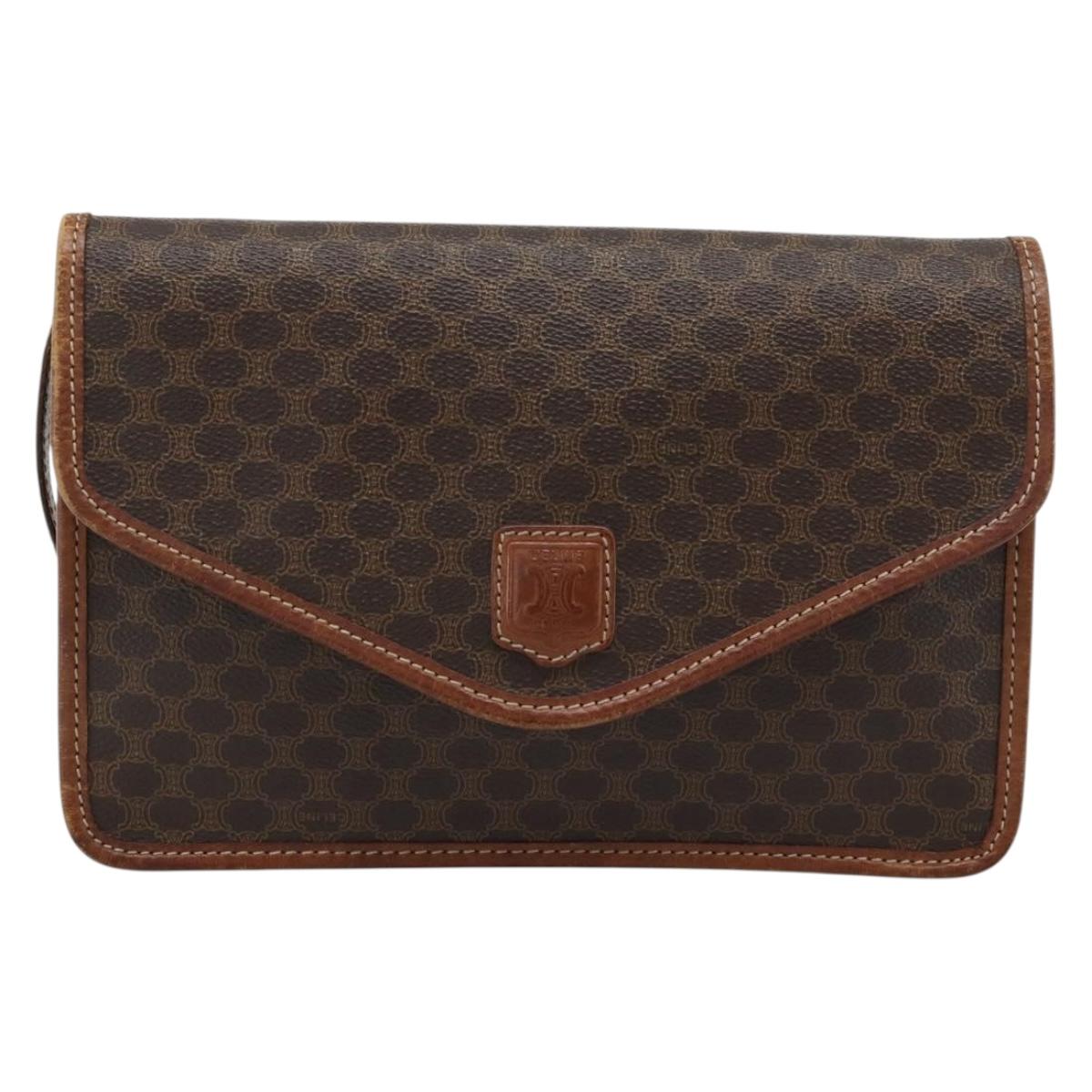 CELINE Macadam Canvas Shoulder Bag PVC Leather Brown Gold Auth ka4803