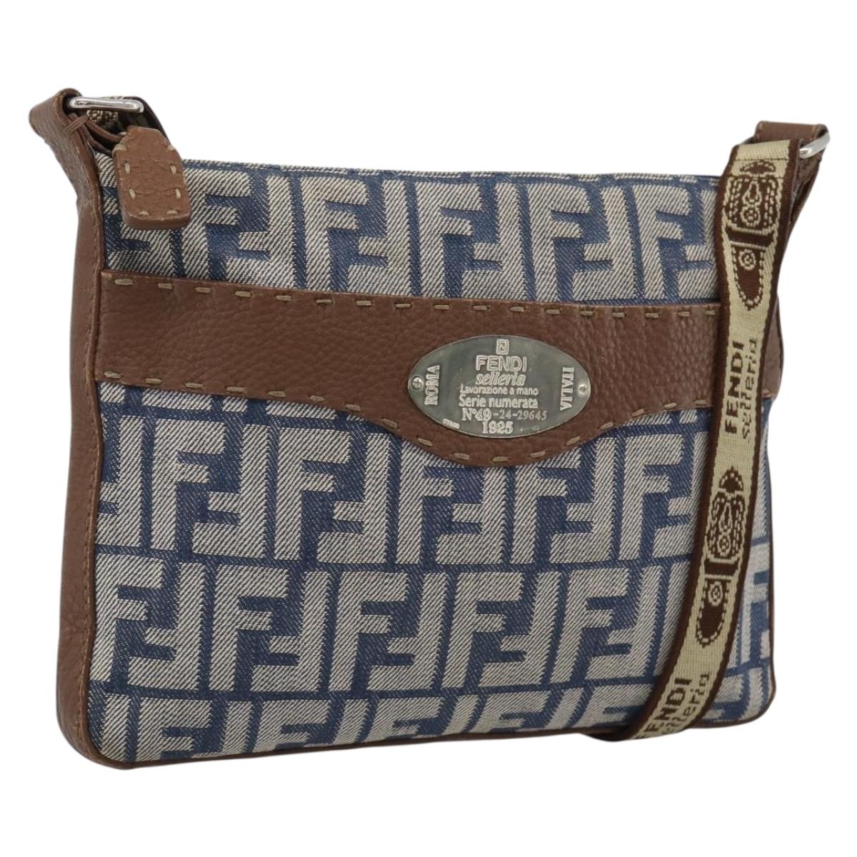 FENDI Zucca Canvas Celeria Shoulder Bag Blue Silver Auth ka4804A