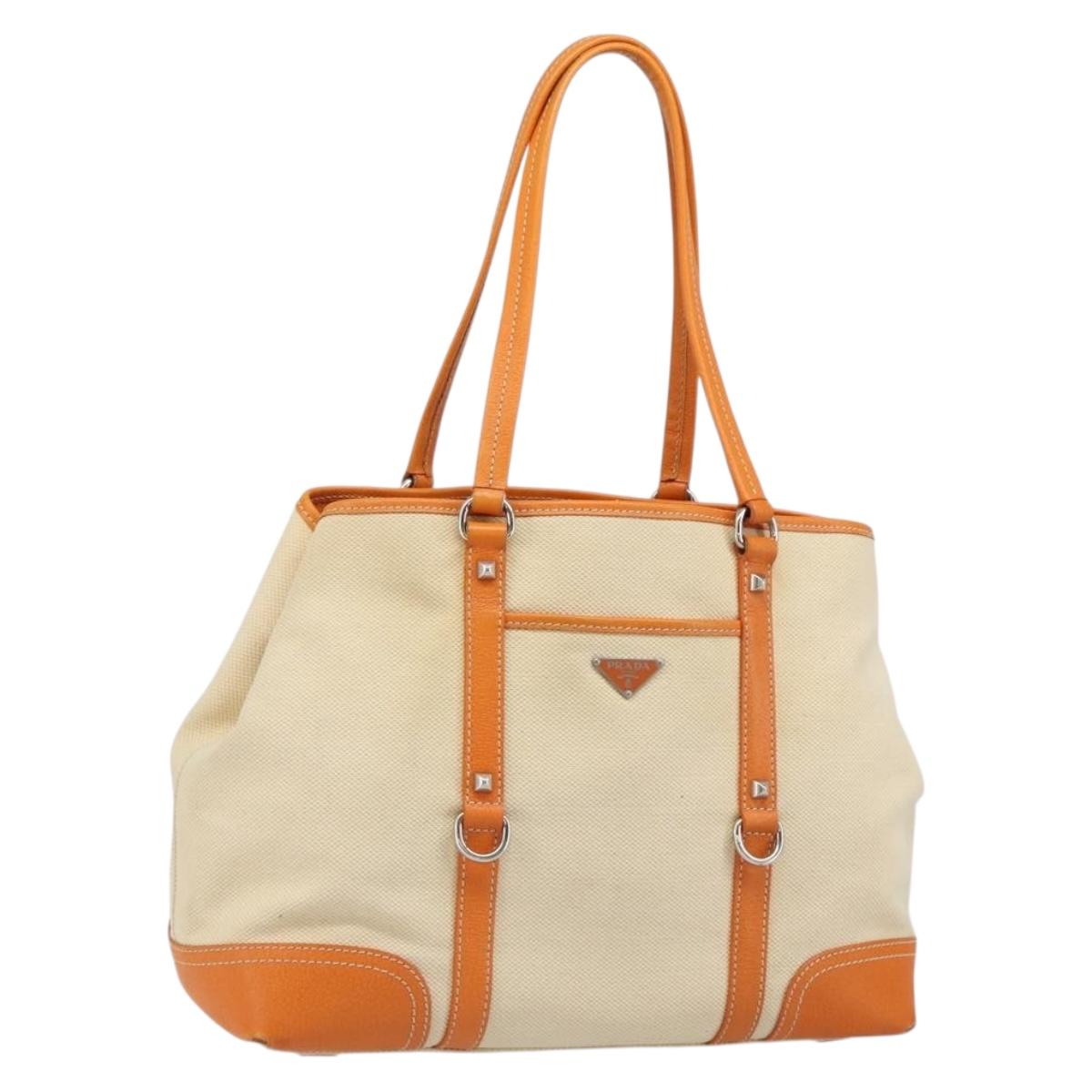 PRADA Tote Bag Canvas Beige Silver Auth ka4818V