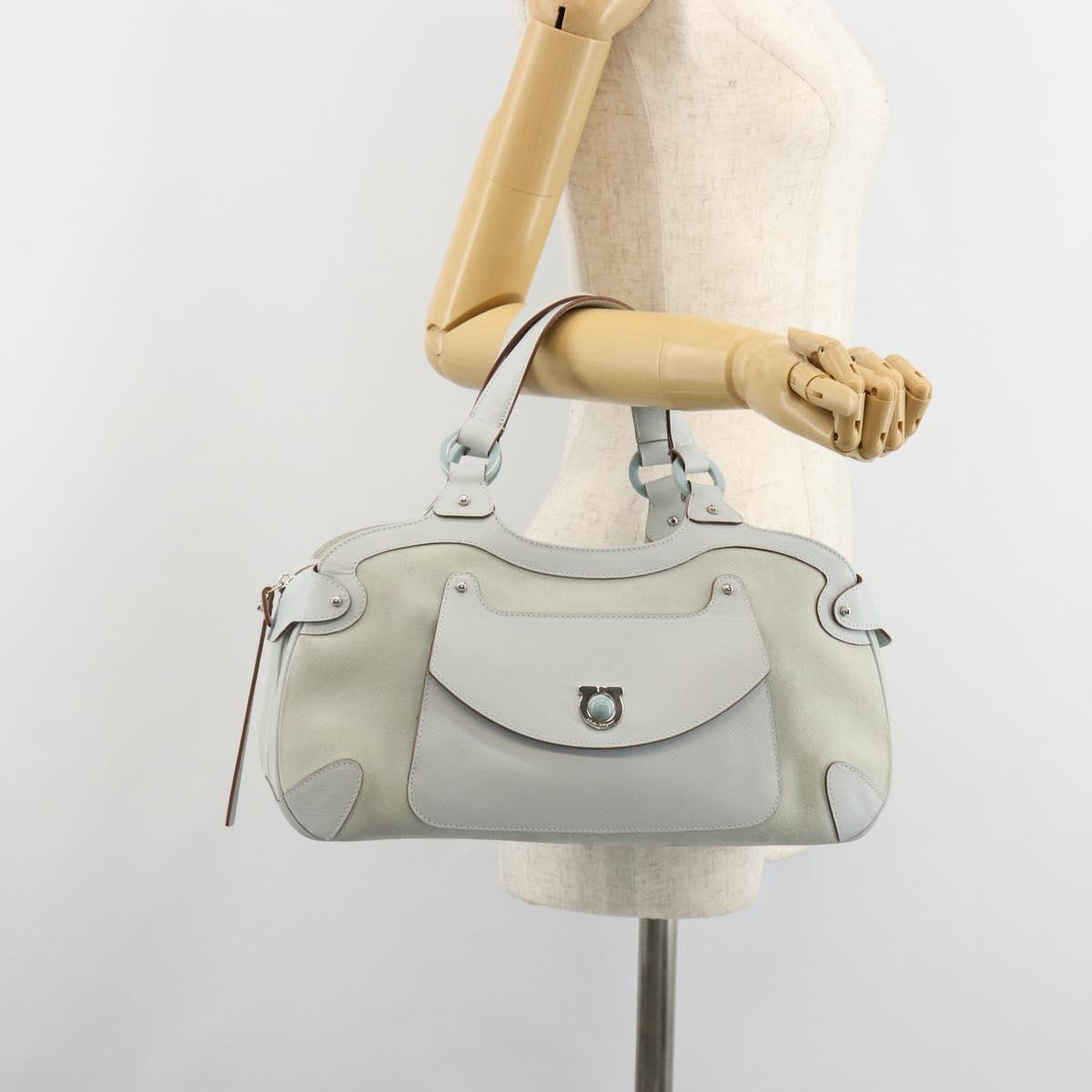 Salvatore Ferragamo Hand Bag Suede Leather Light Blue Silver Auth ka4819A