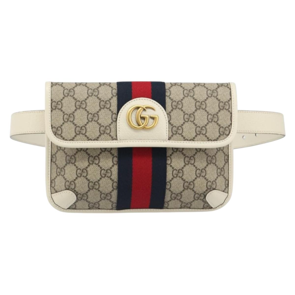 GUCCI GG Supreme Sherry Line Waist bag PVC Beige Red Navy 674081 Auth ka4820V