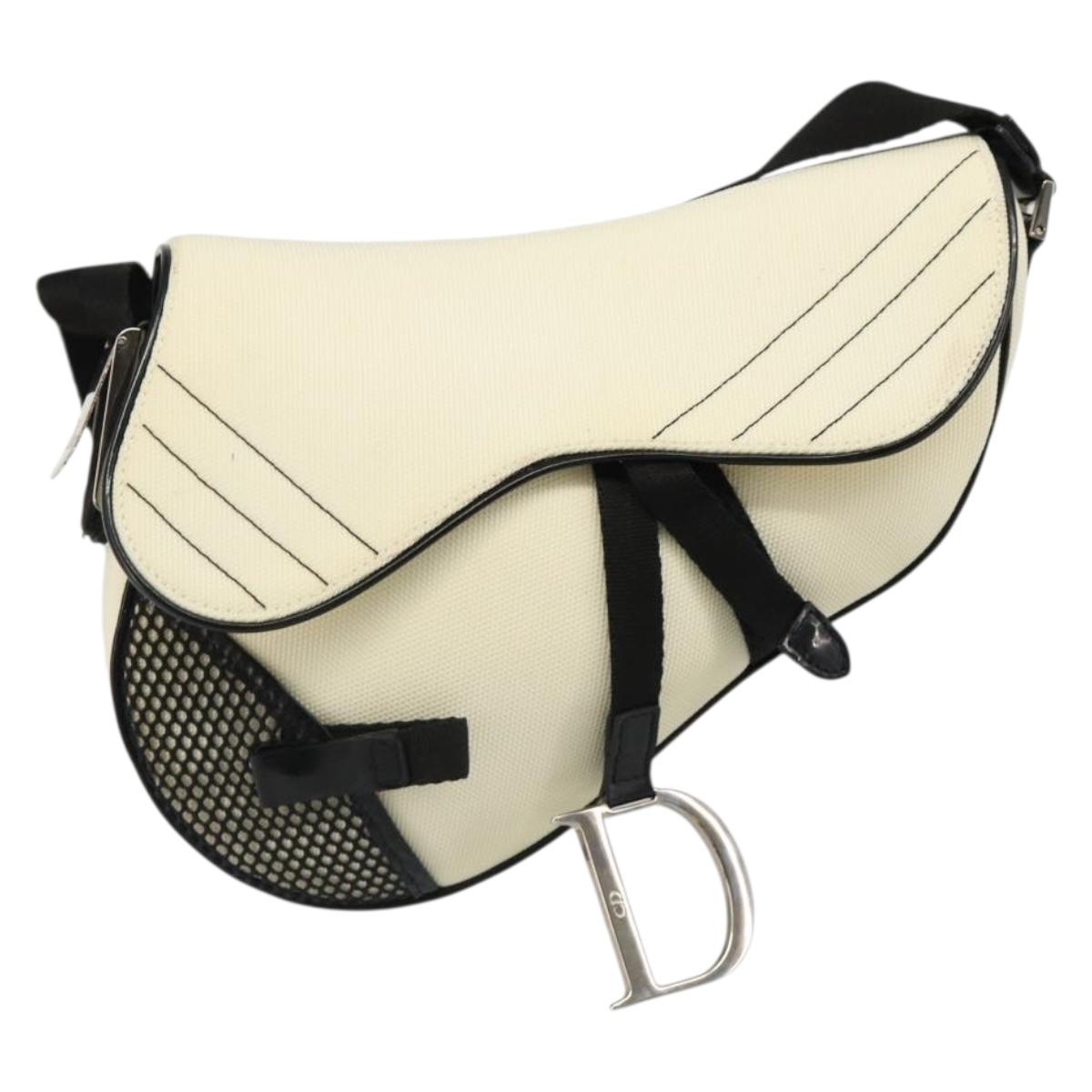 Christian Dior Saddle Shoulder Bag Canvas Beige Silver Auth ka4822V