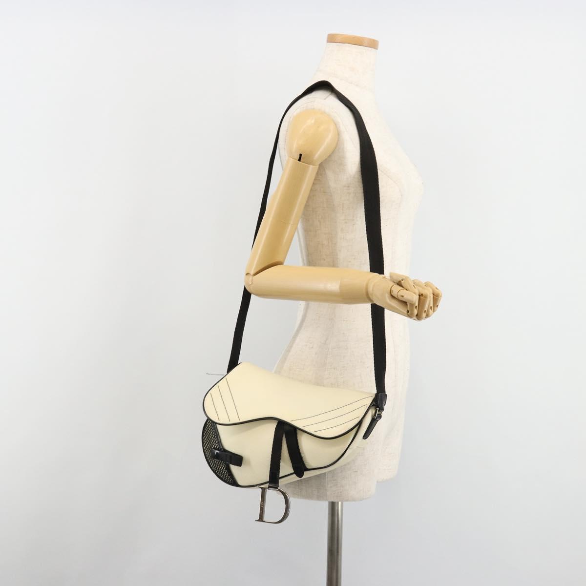 Christian Dior Saddle Shoulder Bag Canvas Beige Silver Auth ka4822V