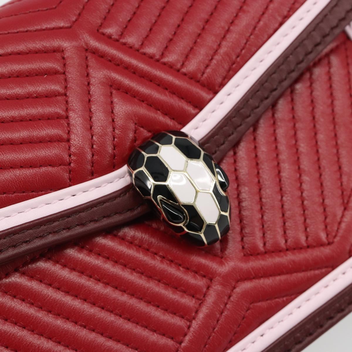 BVLGARI Chain Shoulder Bag Leather Red Gold Auth ka4824