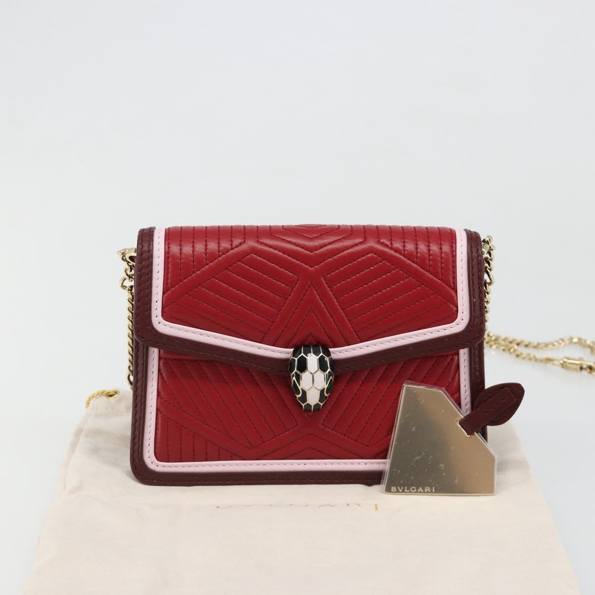 BVLGARI Chain Shoulder Bag Leather Red Gold Auth ka4824