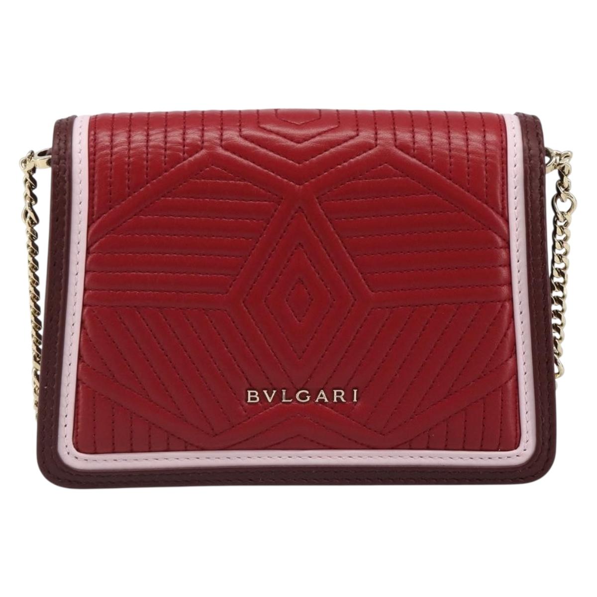 BVLGARI Chain Shoulder Bag Leather Red Gold Auth ka4824