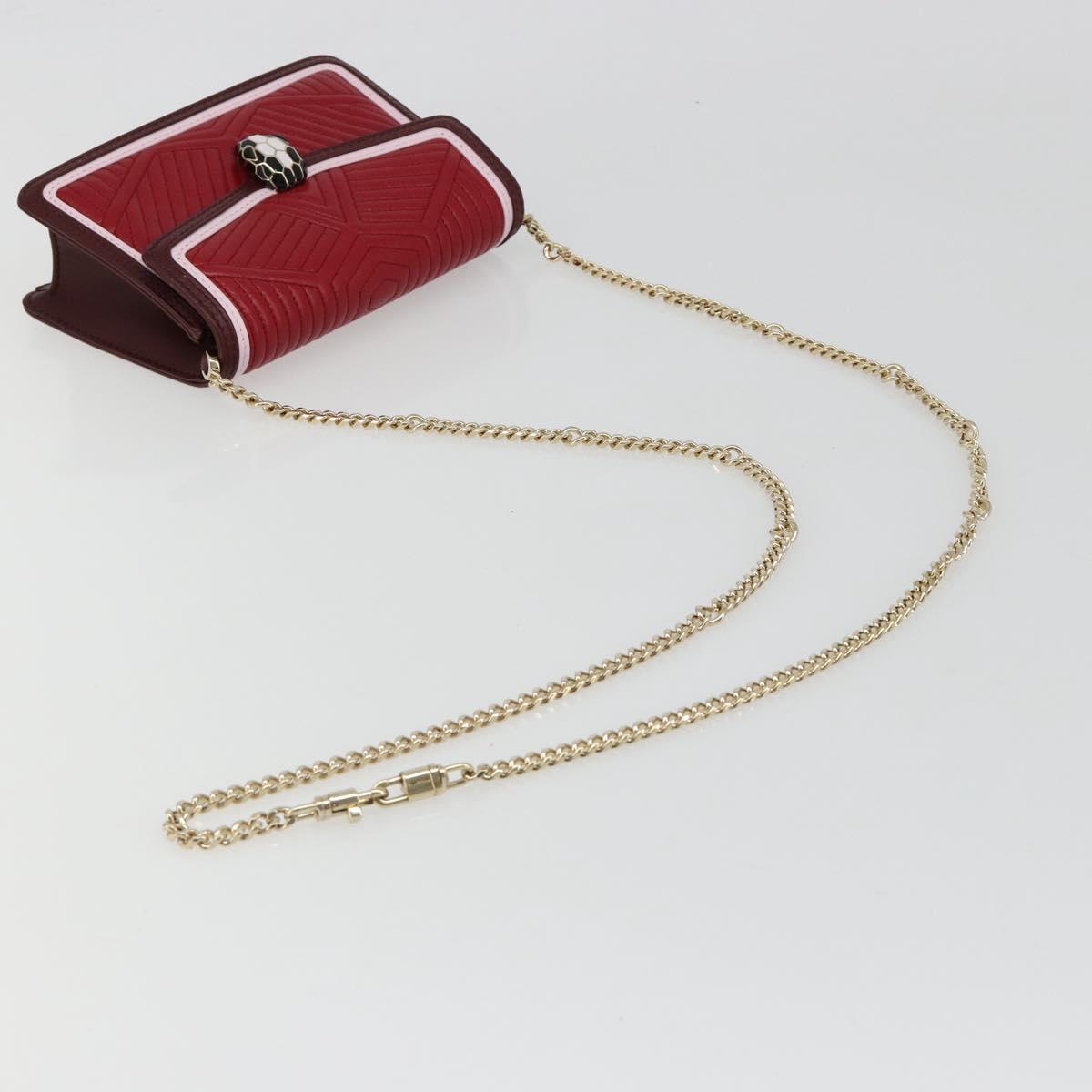 BVLGARI Chain Shoulder Bag Leather Red Gold Auth ka4824