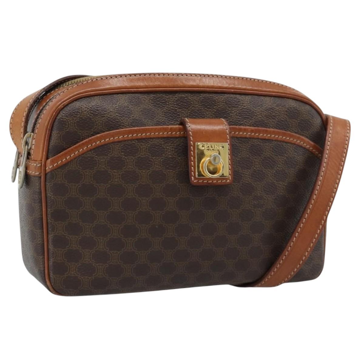 CELINE Macadam Canvas Shoulder Bag PVC Leather Brown Gold Auth ka4839