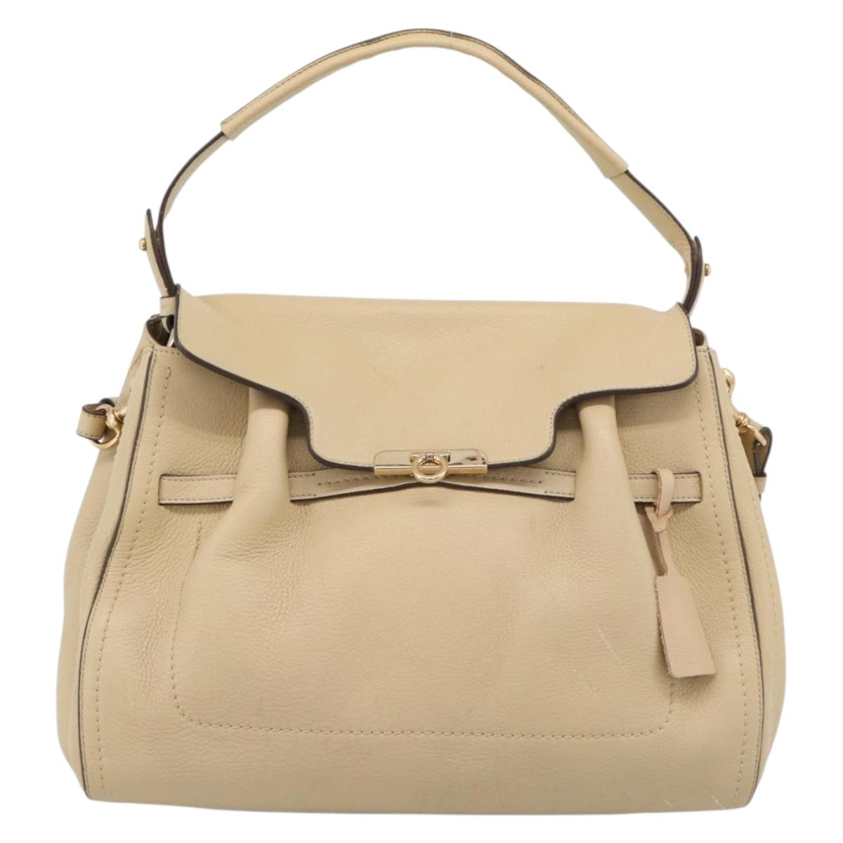Salvatore Ferragamo Gancini Hand Bag Leather 2way Beige Gold Auth ka4845A