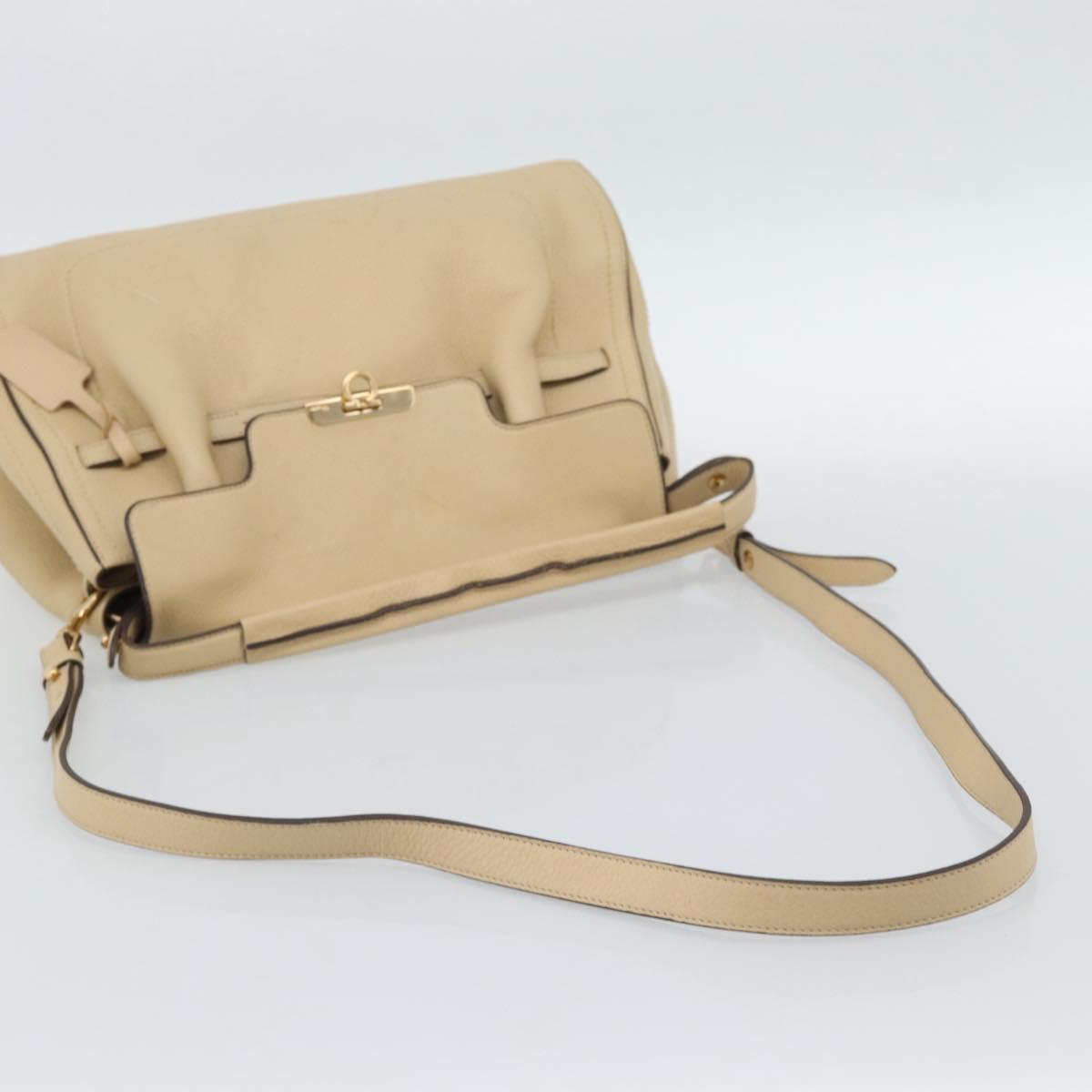 Salvatore Ferragamo Gancini Hand Bag Leather 2way Beige Gold Auth ka4845A