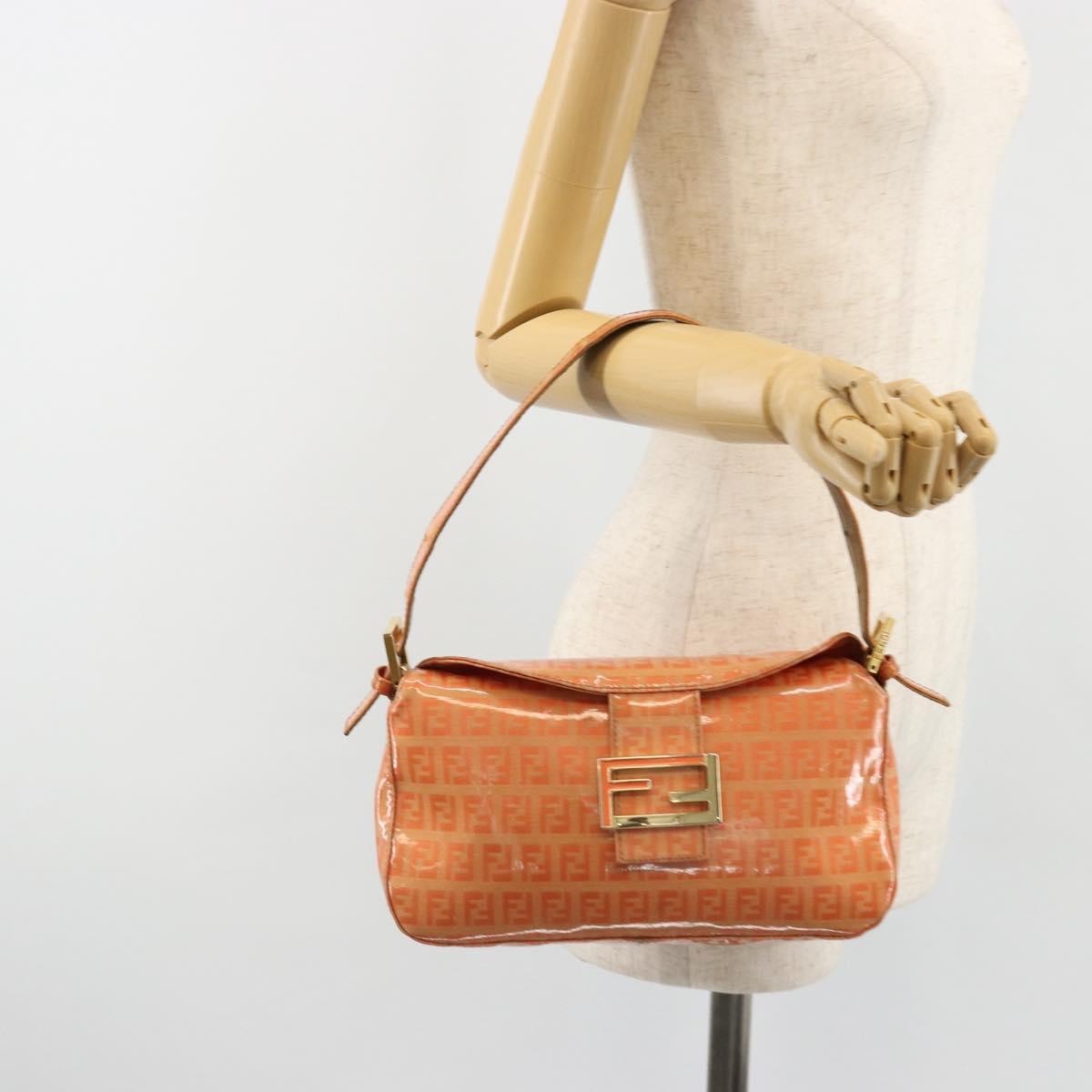 FENDI Zucchino Canvas Mamma Baguette Shoulder Bag Orange Gold Auth ka4849A