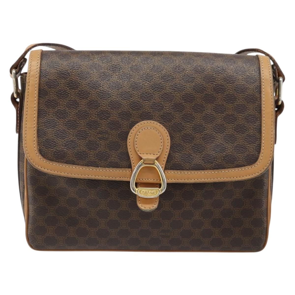 CELINE Macadam Canvas Shoulder Bag PVC Leather Brown Gold Auth ka4853