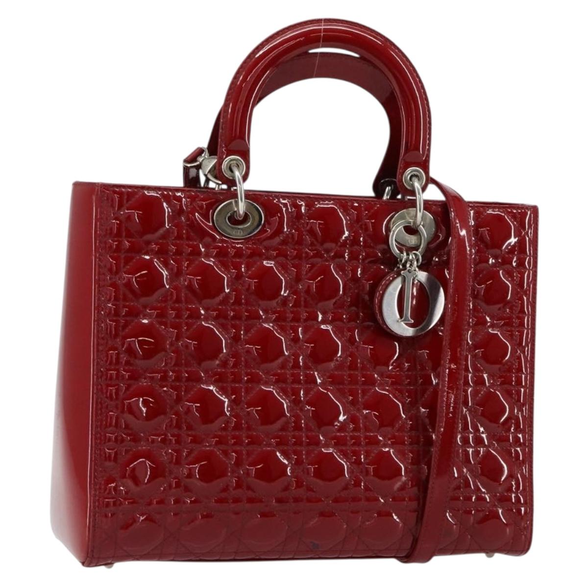 Christian Dior Lady Dior Canage Hand Bag Enamel 2way Red Silver Auth ka486