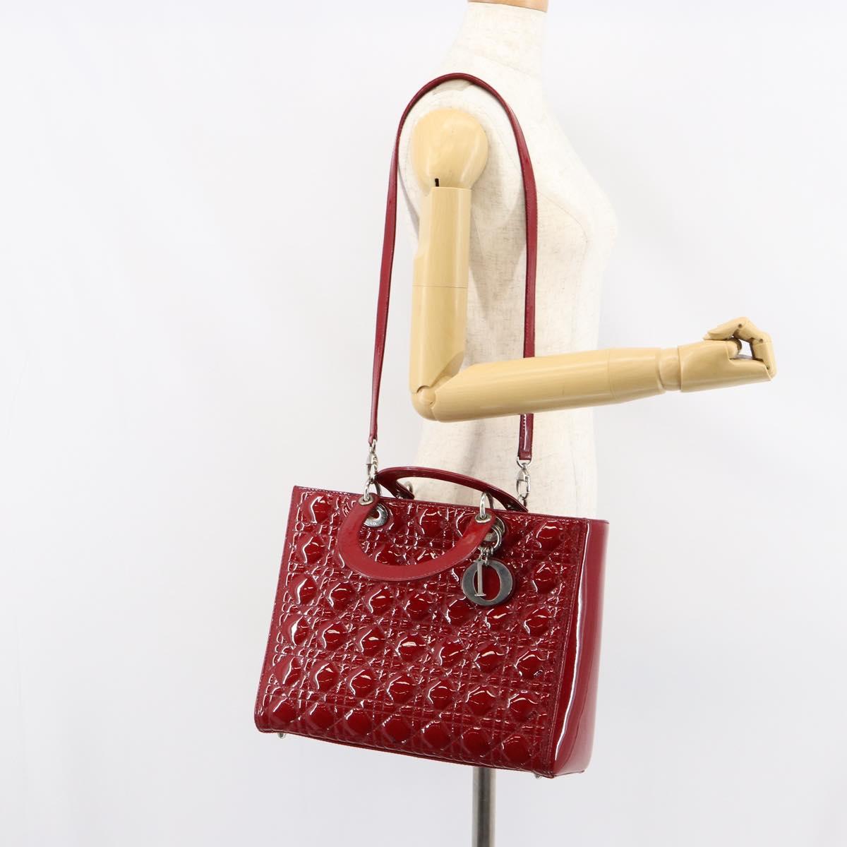 Christian Dior Lady Dior Canage Hand Bag Enamel 2way Red Silver Auth ka486