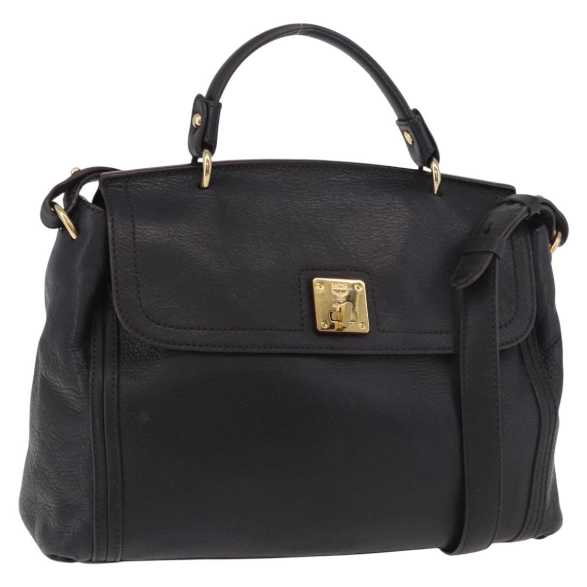 MCM Hand Bag Leather 2way Black Gold Auth ka4862