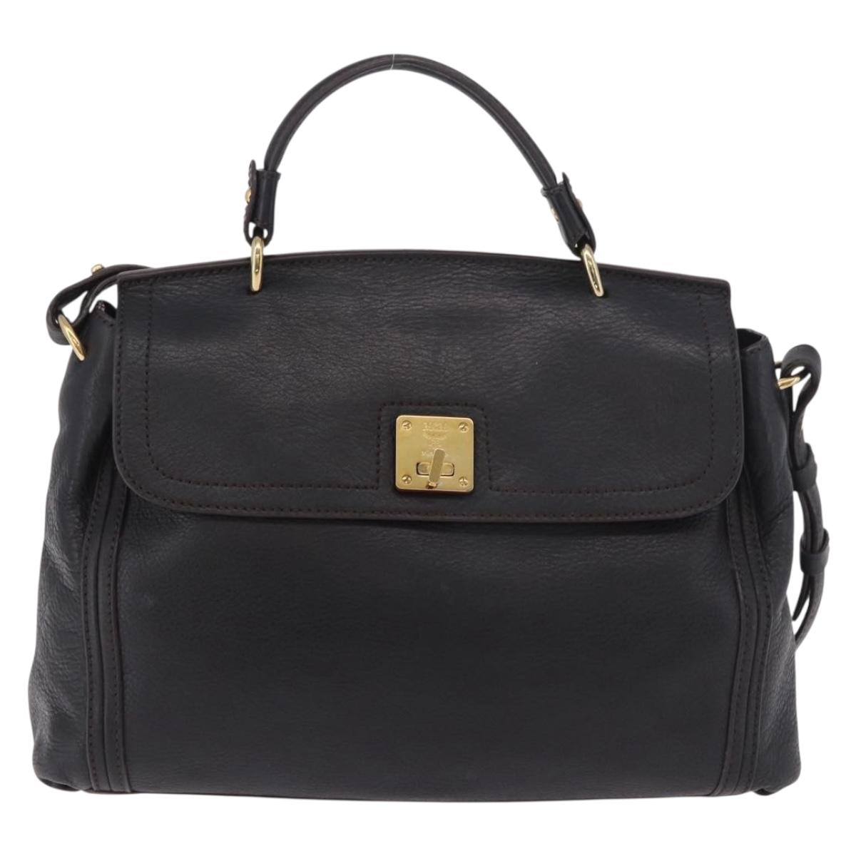 MCM Hand Bag Leather 2way Black Gold Auth ka4862