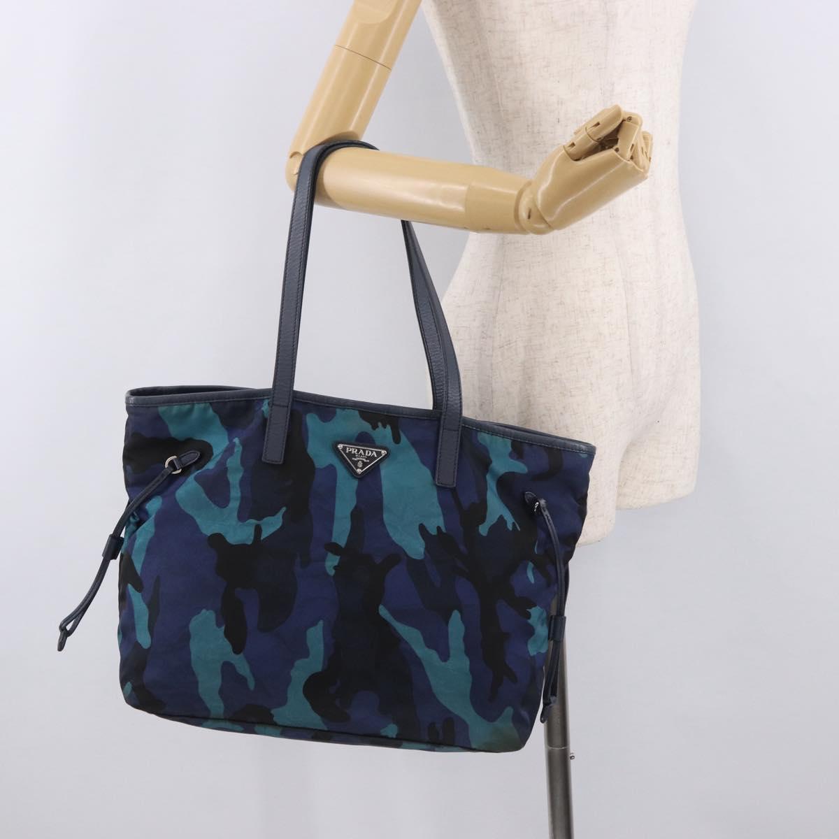 PRADA Tote Bag Nylon Blue Silver Auth ka4864