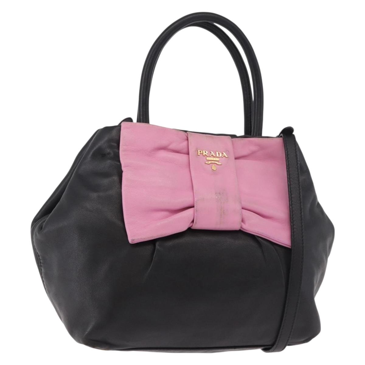 PRADA Hand Bag Leather 2way Black Gold Auth ka4866