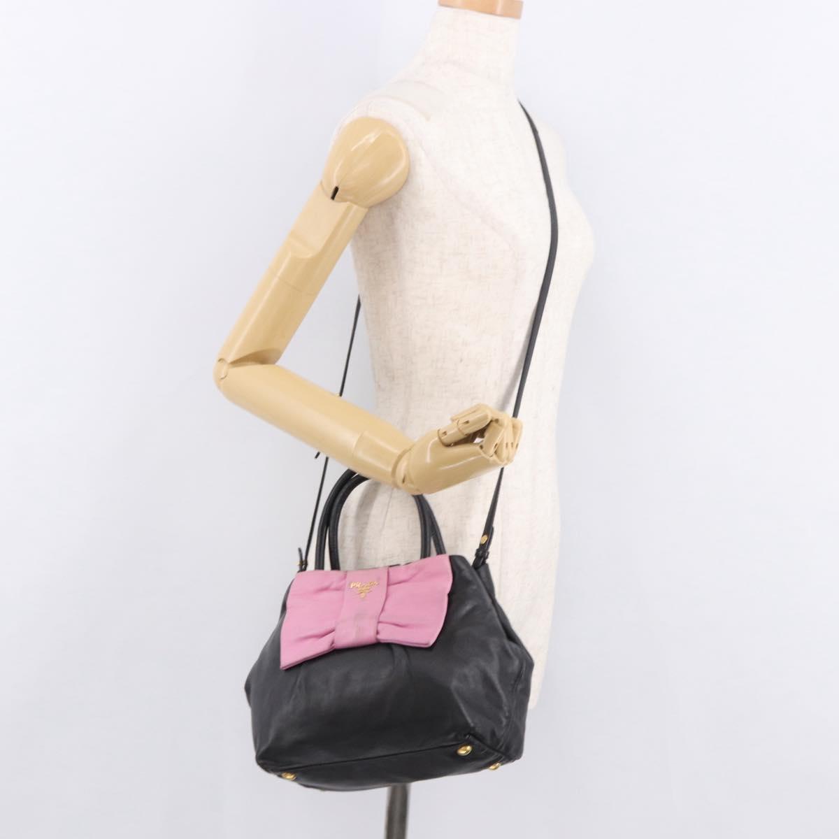 PRADA Hand Bag Leather 2way Black Gold Auth ka4866