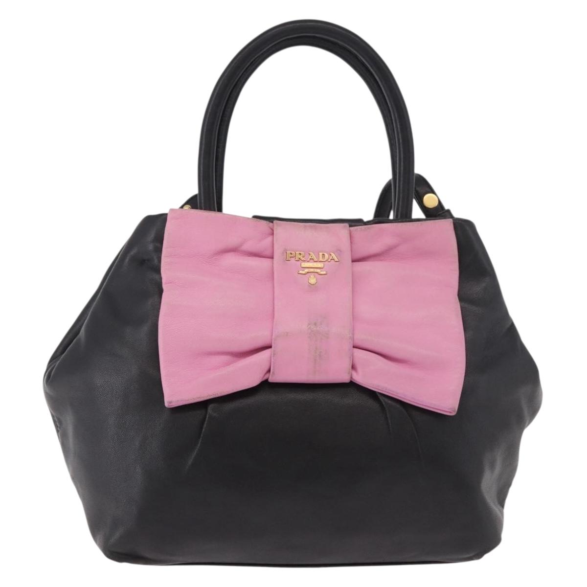 PRADA Hand Bag Leather 2way Black Gold Auth ka4866