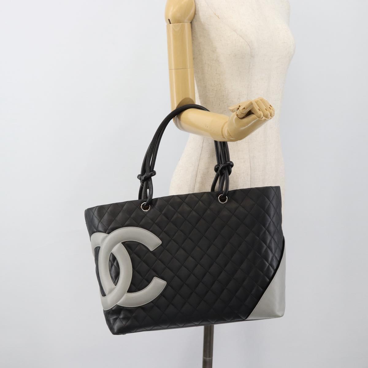 CHANEL Cambon Line Matelasse Tote Bag Leather Black Silver CC Auth ka4895SAM