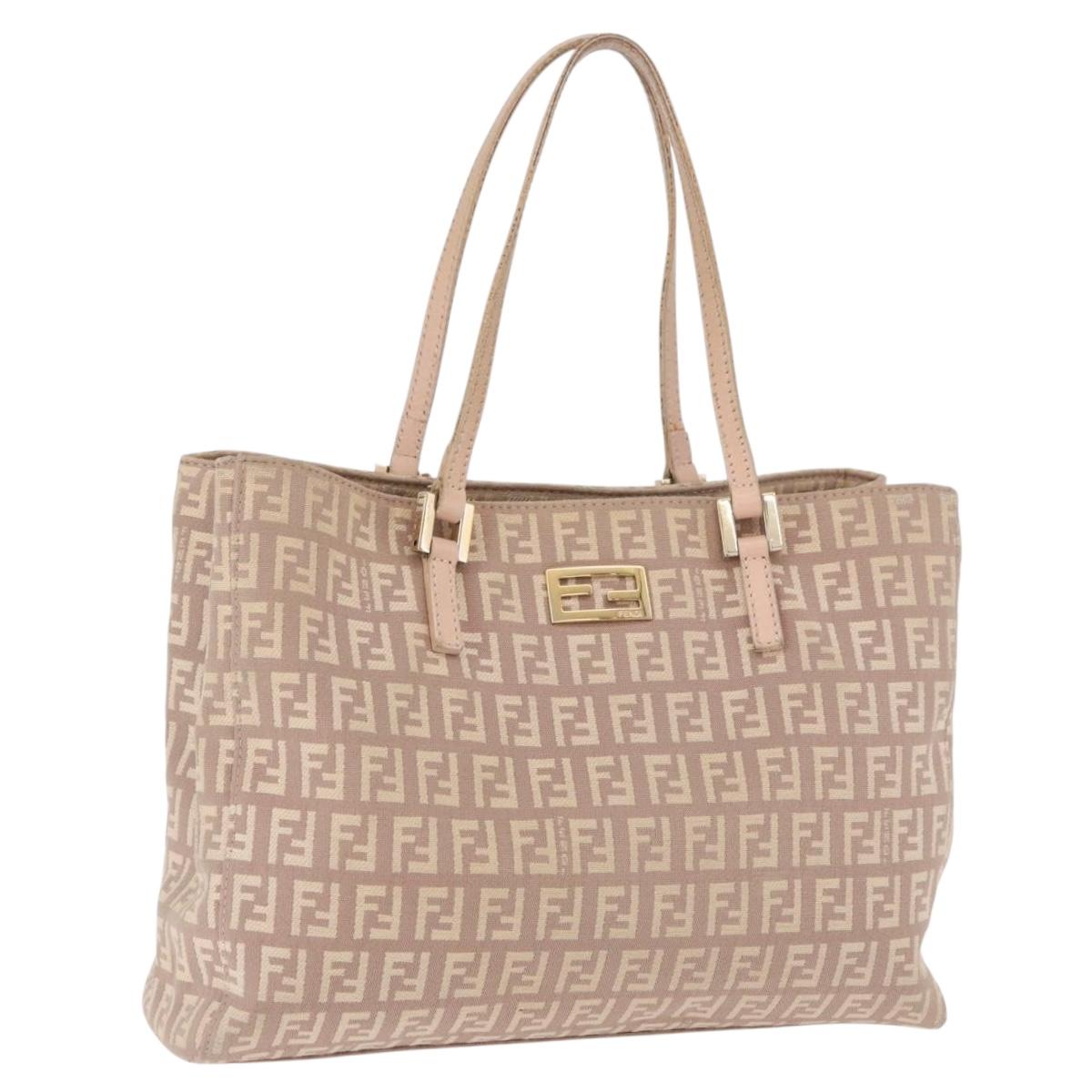 FENDI Zucchino Canvas Hand Bag Beige Gold Auth ka4906