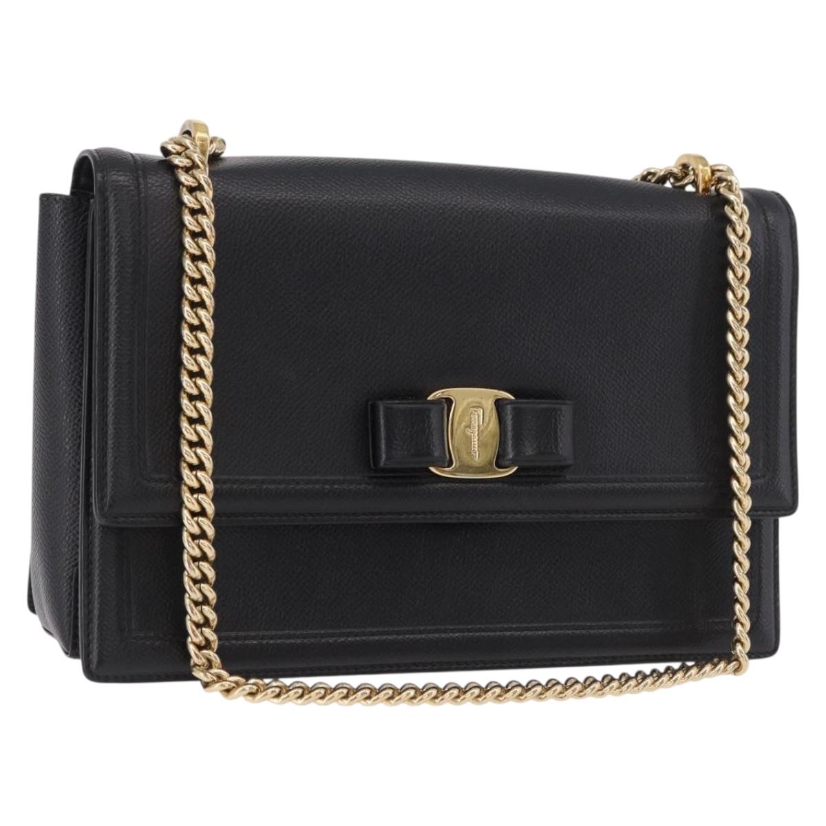 Salvatore Ferragamo Vala Chain Shoulder Bag Leather Black Gold Auth ka4916A