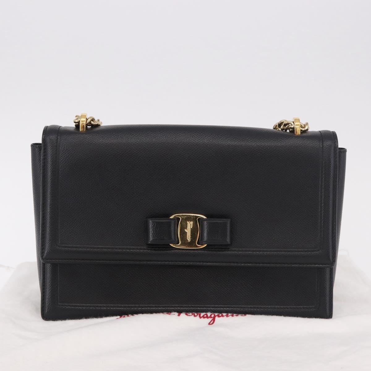 Salvatore Ferragamo Vala Chain Shoulder Bag Leather Black Gold Auth ka4916A