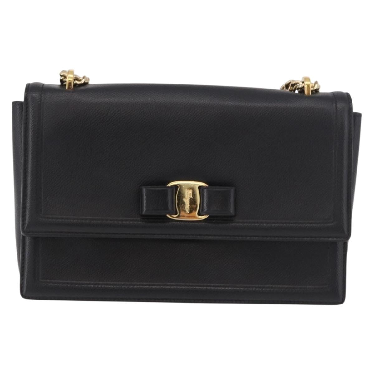 Salvatore Ferragamo Vala Chain Shoulder Bag Leather Black Gold Auth ka4916A