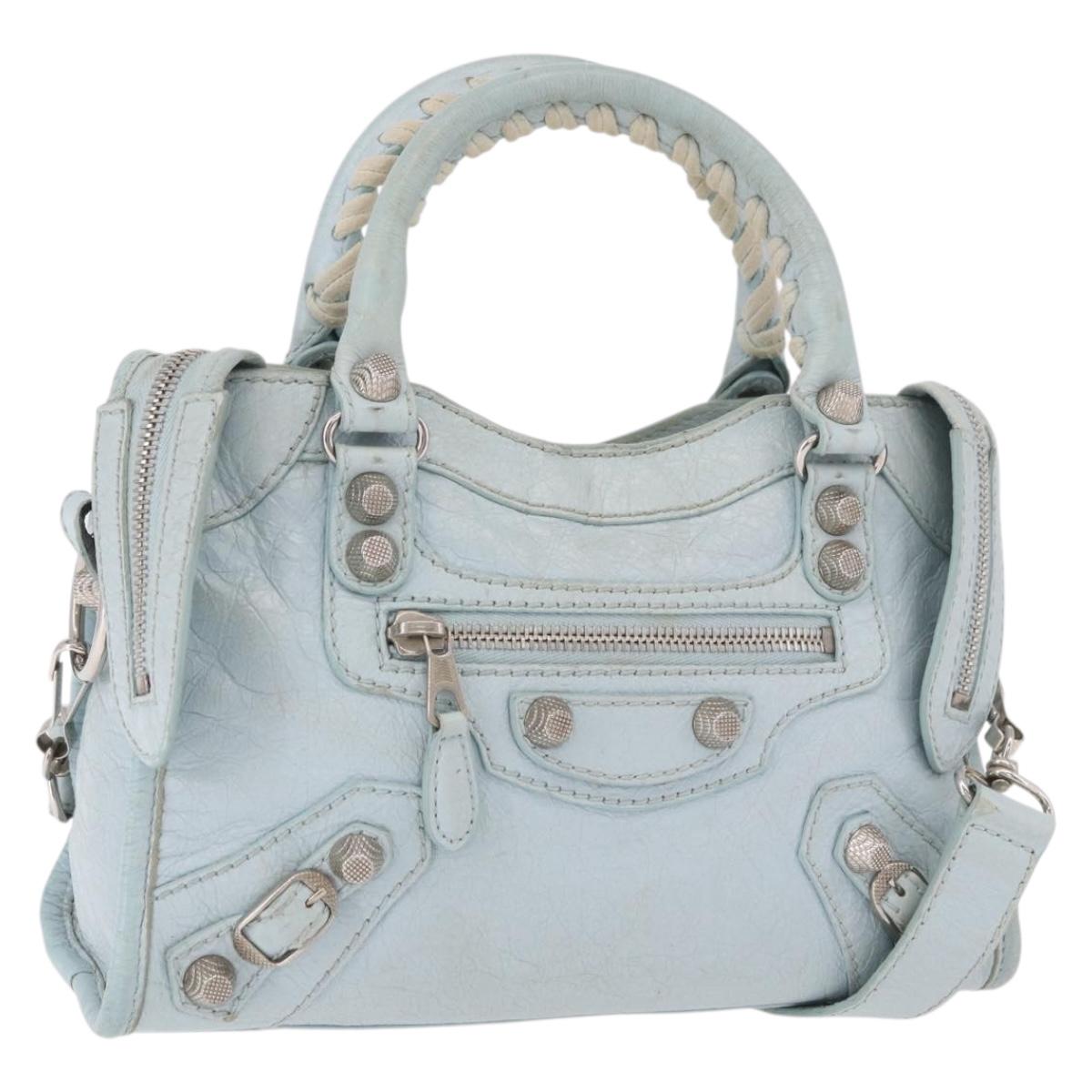 BALENCIAGA Mini City Hand Bag Leather 2way Light Blue Silver 309544 Auth ka4924A