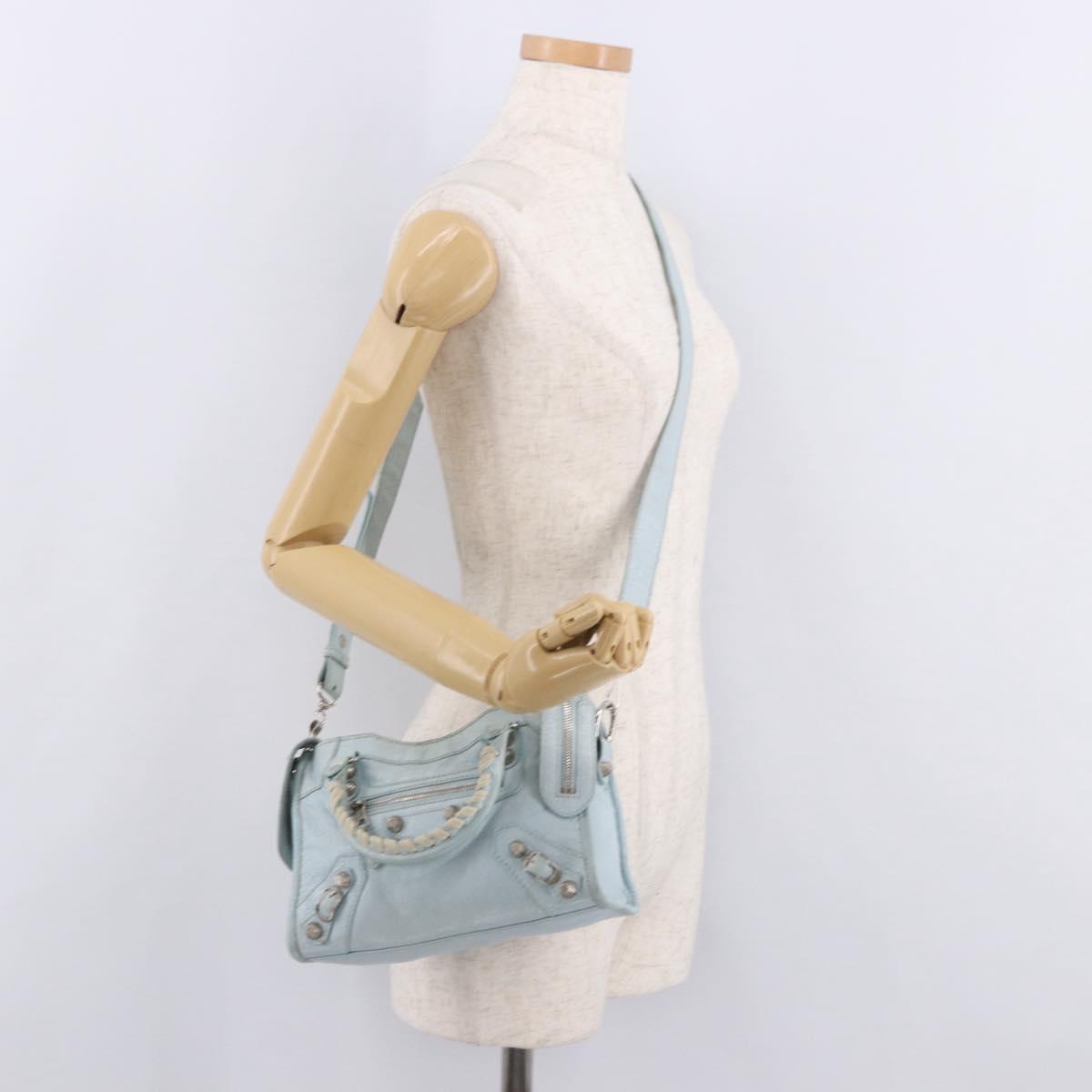 BALENCIAGA Mini City Hand Bag Leather 2way Light Blue Silver 309544 Auth ka4924A