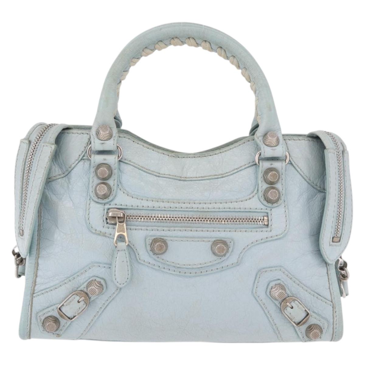 BALENCIAGA Mini City Hand Bag Leather 2way Light Blue Silver 309544 Auth ka4924A
