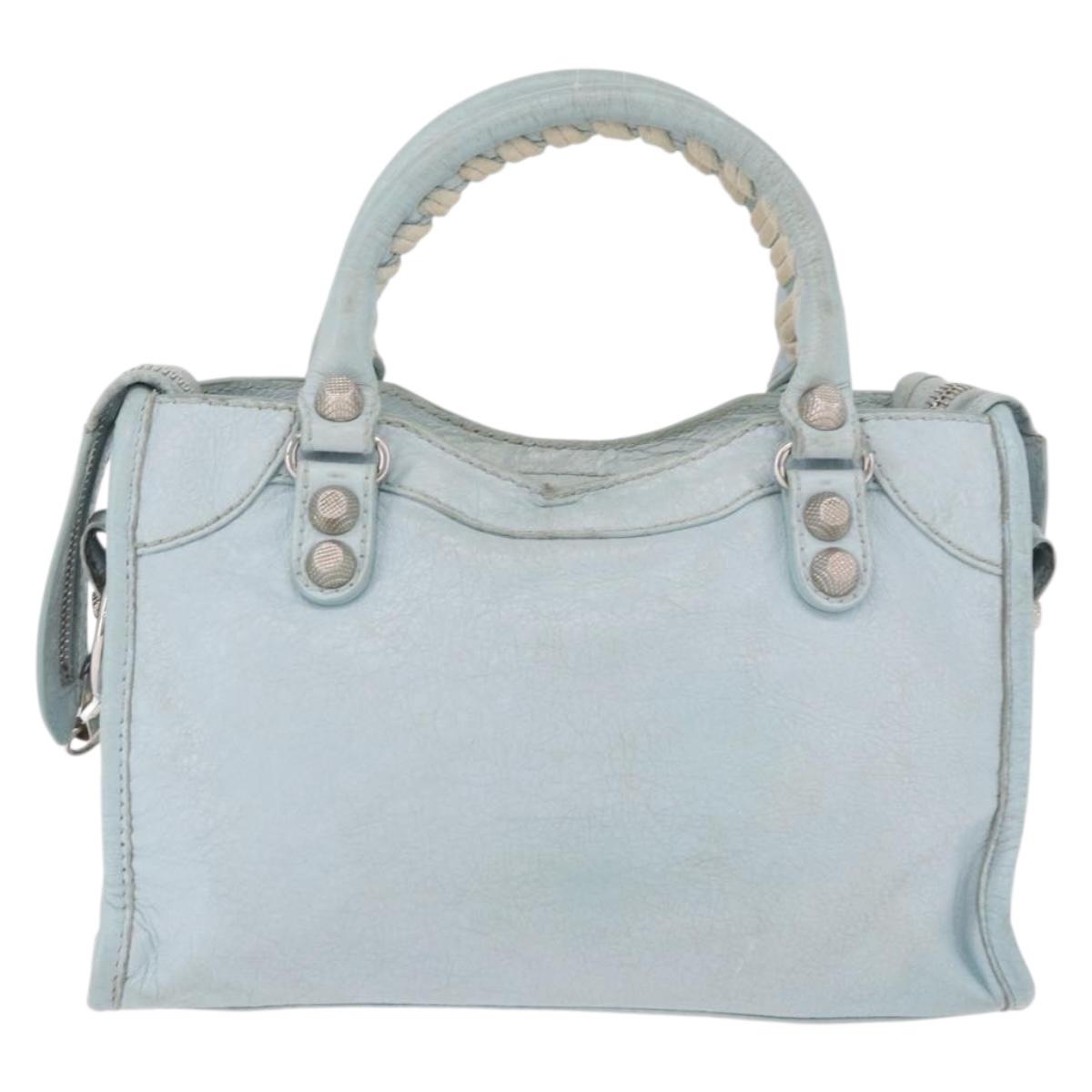 BALENCIAGA Mini City Hand Bag Leather 2way Light Blue Silver 309544 Auth ka4924A