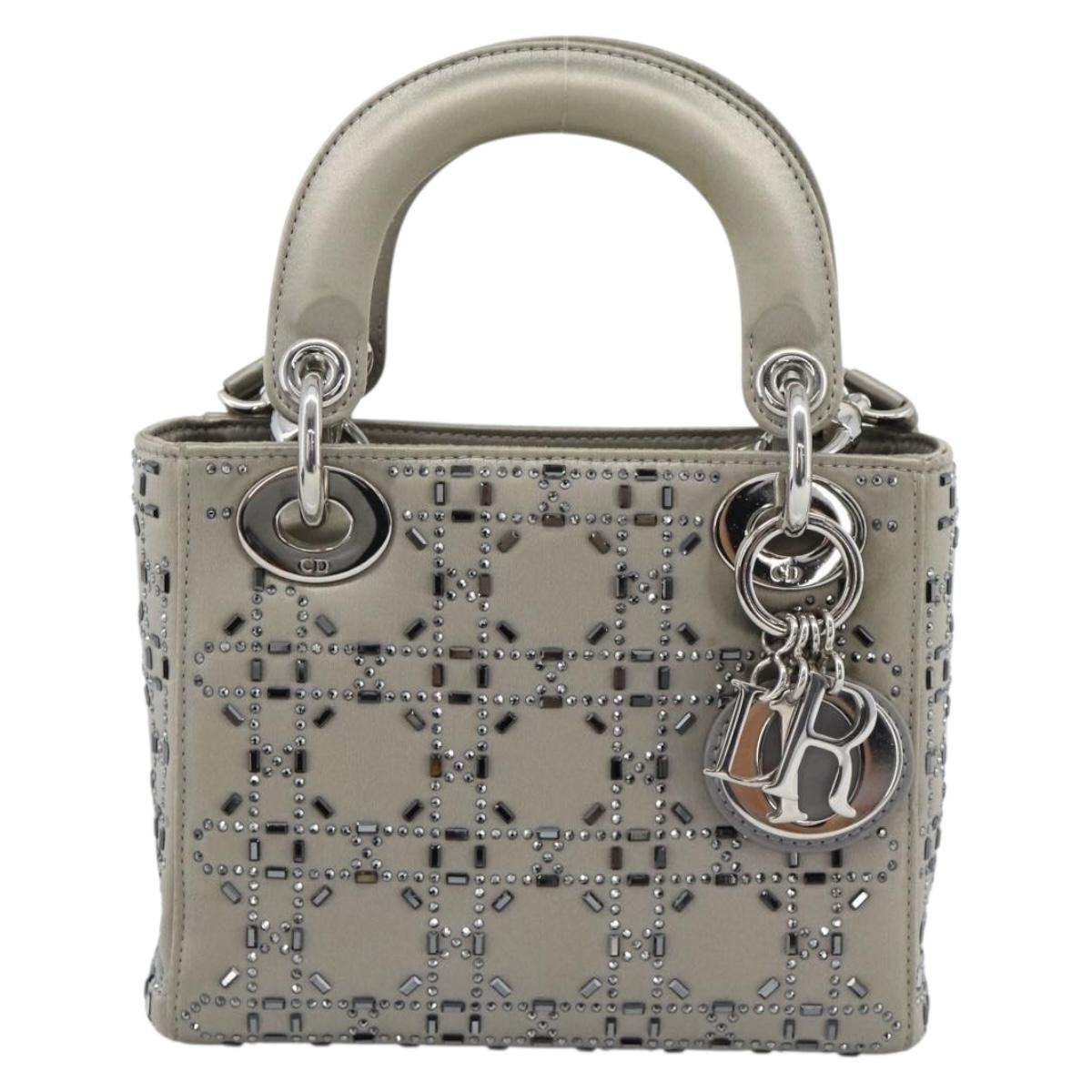 Christian Dior Lady Dior Canage Hand Bag Satin 2way Gray Silver Auth ka4931SAM
