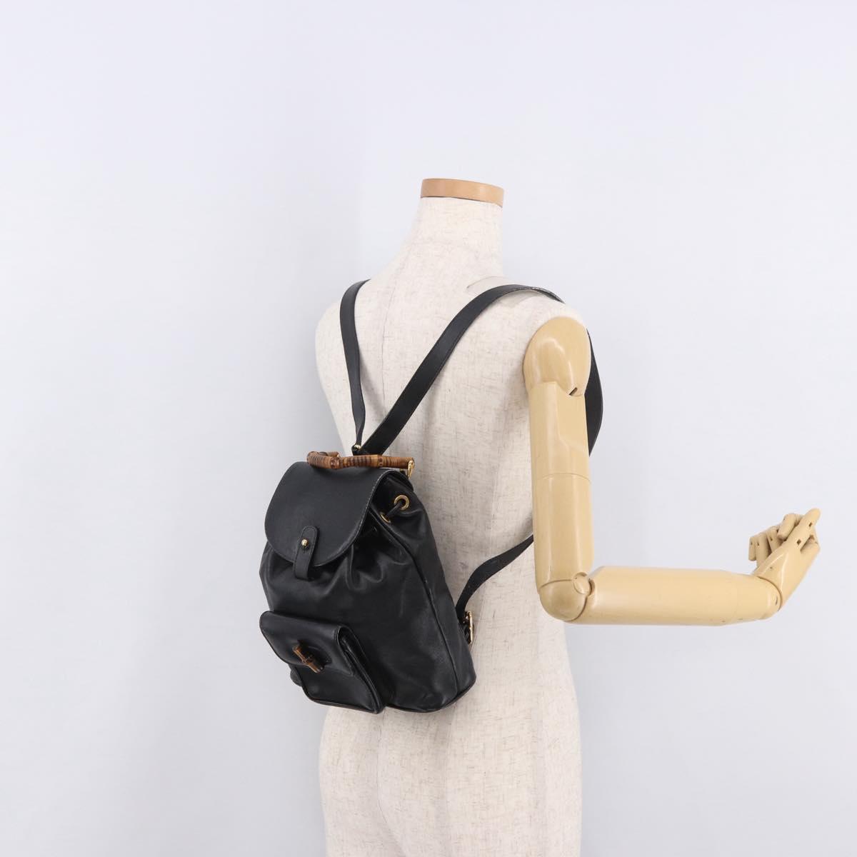 GUCCI Bamboo Backpack Leather Black Gold 003 2034 0030 Auth ka4944
