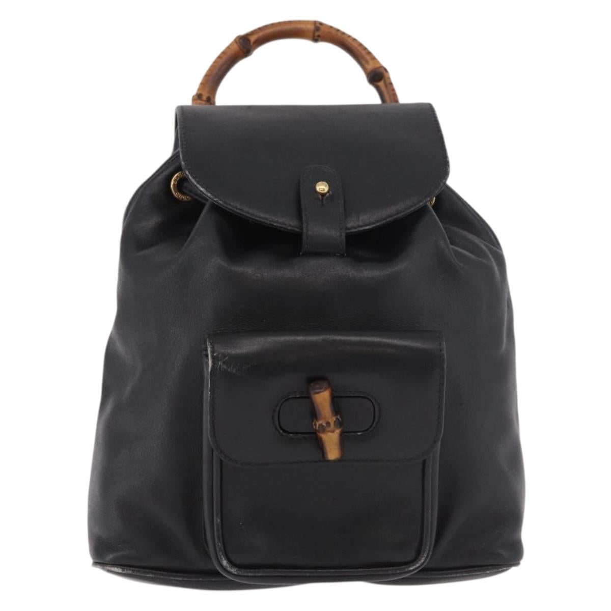 GUCCI Bamboo Backpack Leather Black Gold 003 2034 0030 Auth ka4944