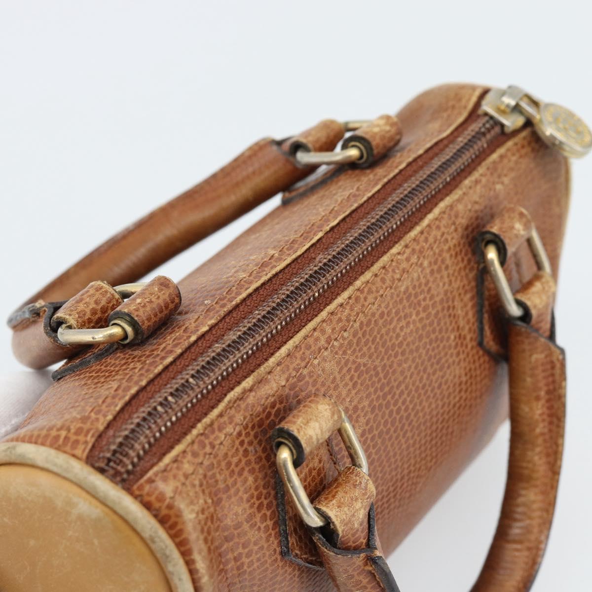 FENDI Hand Bag Leather Brown Gold Auth ka4965