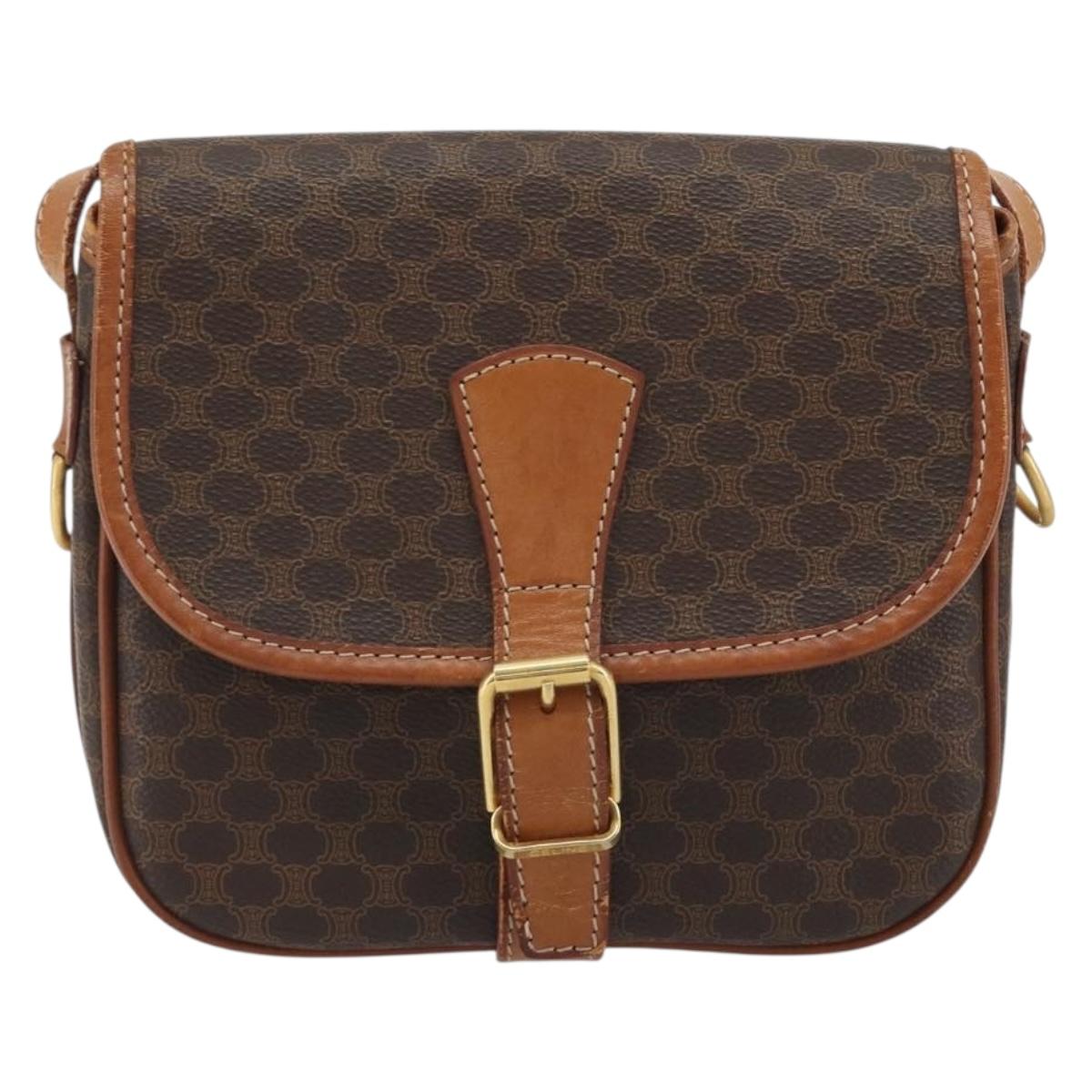 CELINE Macadam Canvas Shoulder Bag PVC Leather Brown Gold Auth ka4976