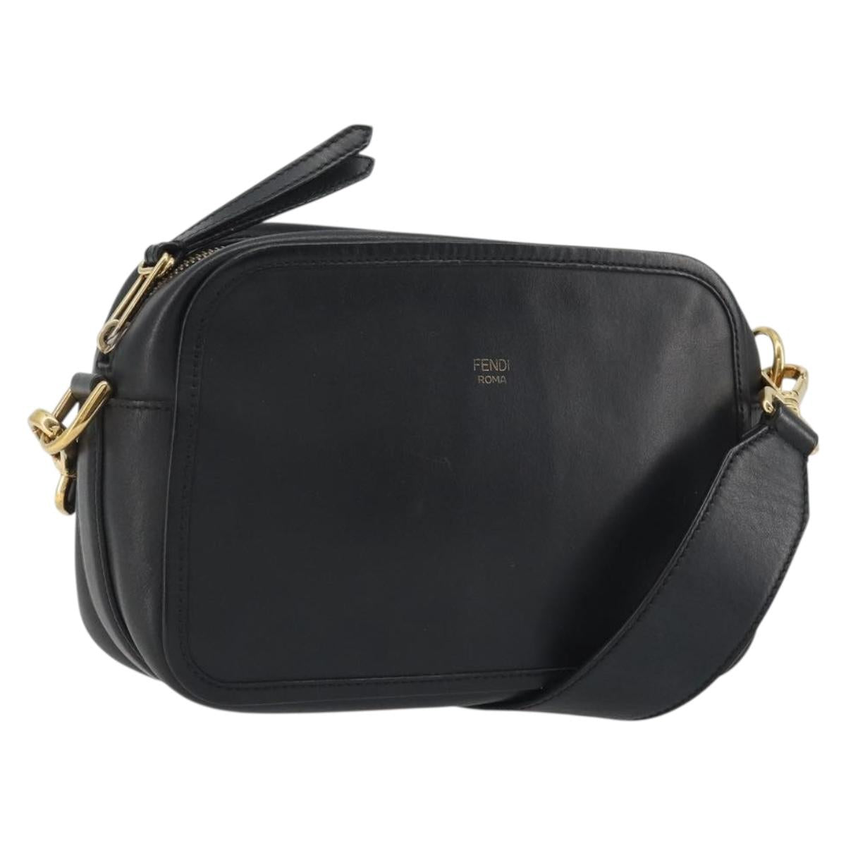 FENDI Shoulder Bag Leather Navy Gold Auth ka4981