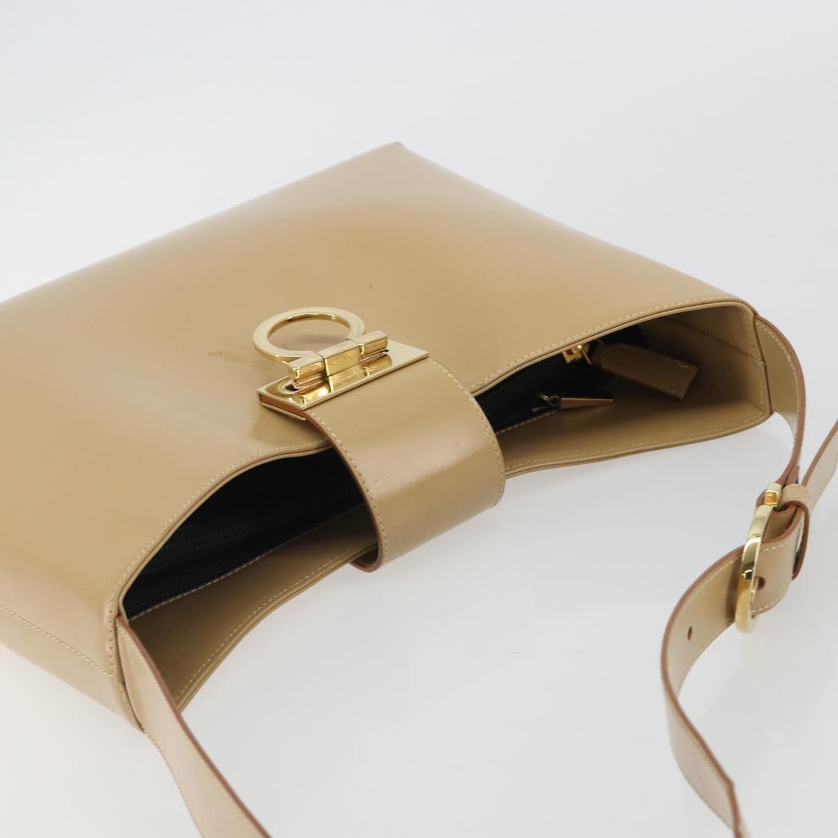 Salvatore Ferragamo Gancini Shoulder Bag Leather Beige Gold Auth ka4982