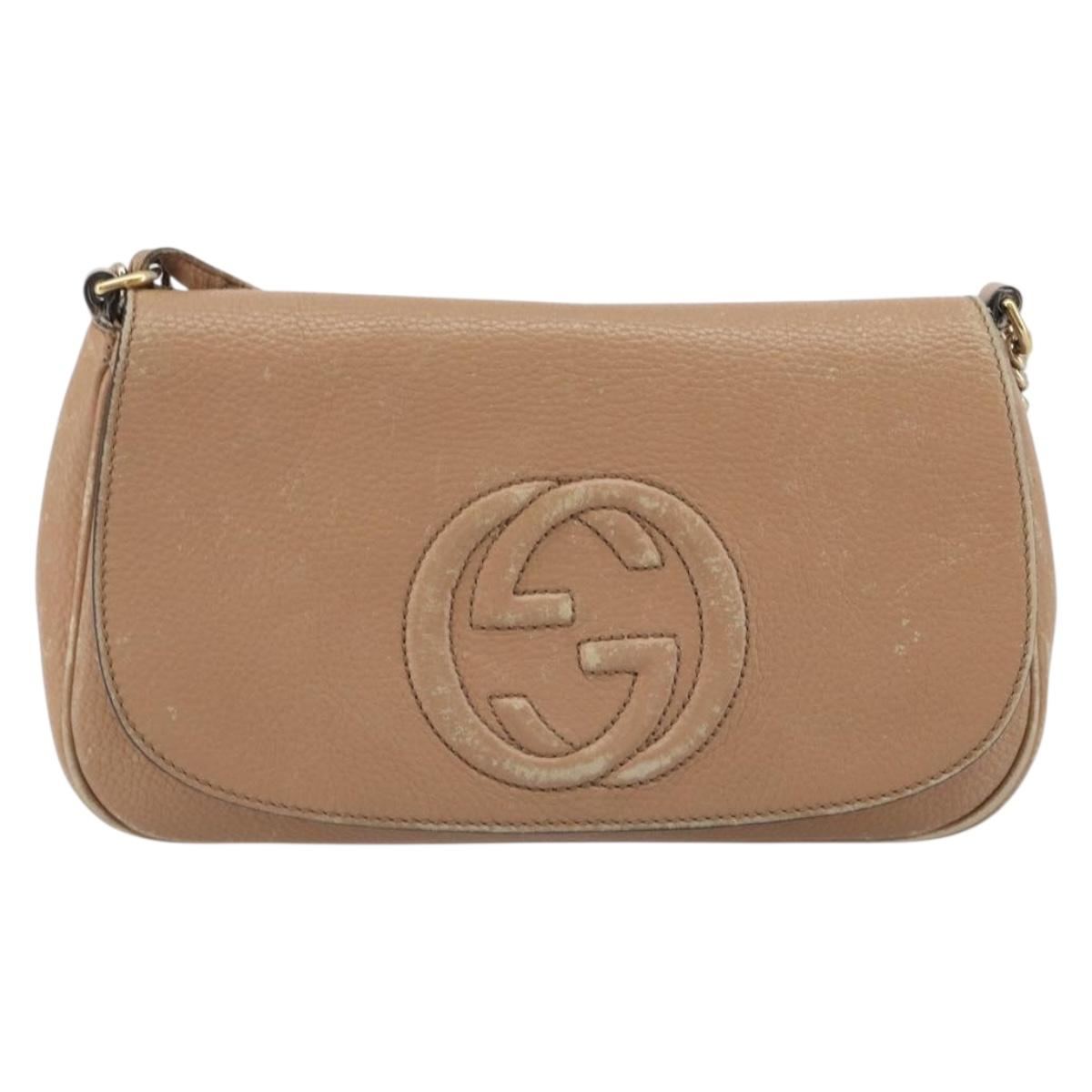 GUCCI Chain Shoulder Bag Leather Beige Gold 536224 Auth ka4986