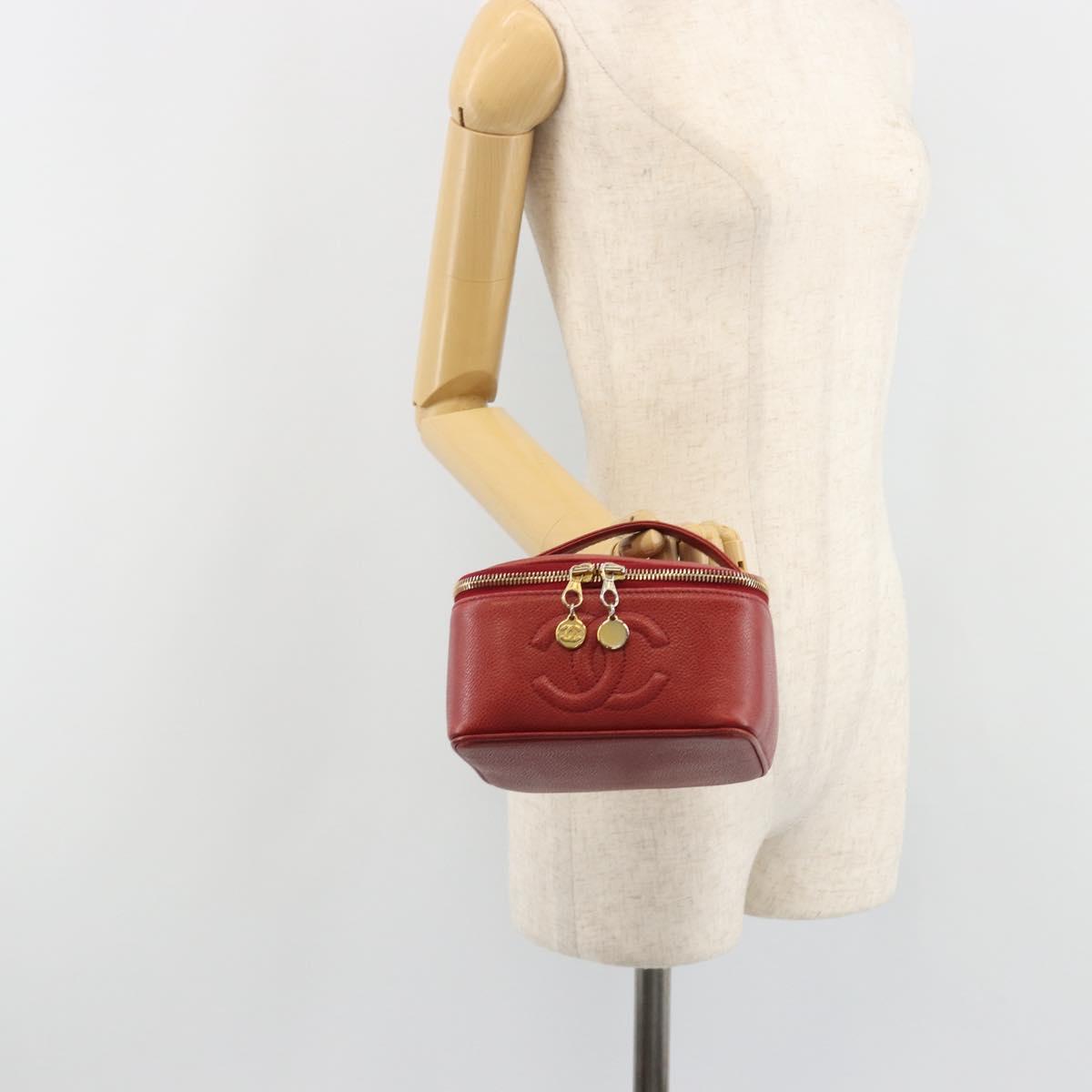 CHANEL COCO Mark Vanity Hand Bag Caviar Skin Red Gold CC Auth ka4988