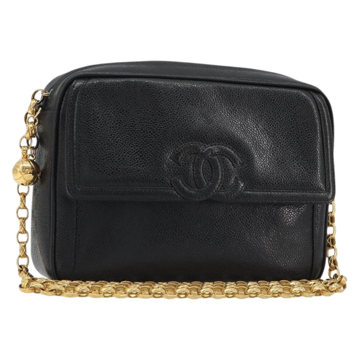 CHANEL Chain Shoulder Bag Caviar Skin Black Gold CC Auth ka4989V