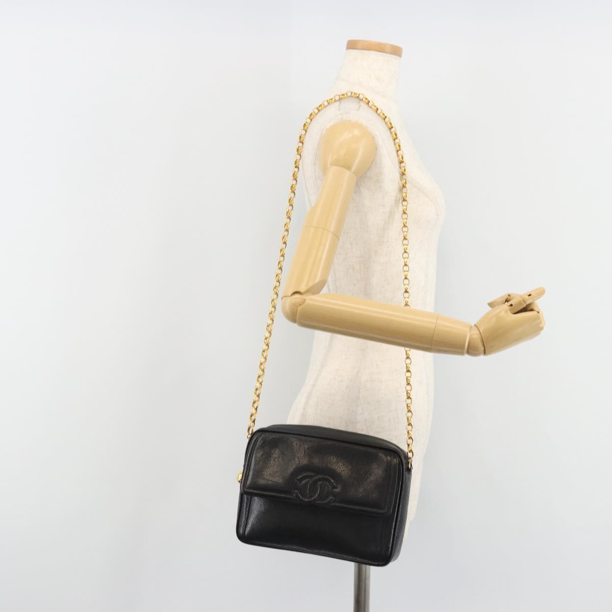CHANEL Chain Shoulder Bag Caviar Skin Black Gold CC Auth ka4989V
