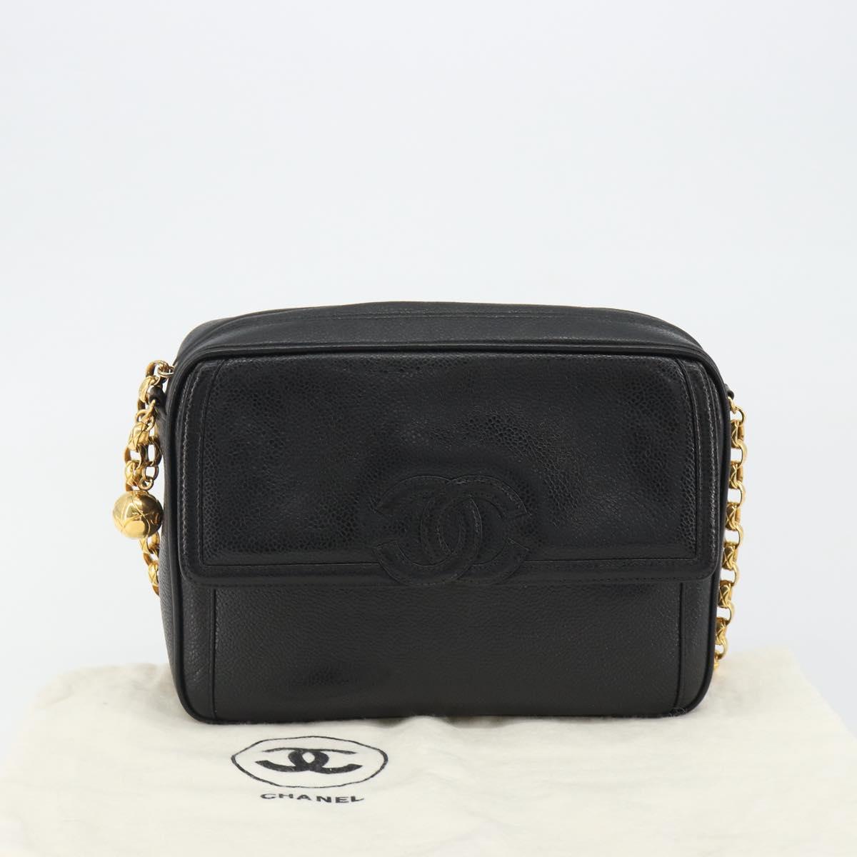 CHANEL Chain Shoulder Bag Caviar Skin Black Gold CC Auth ka4989V